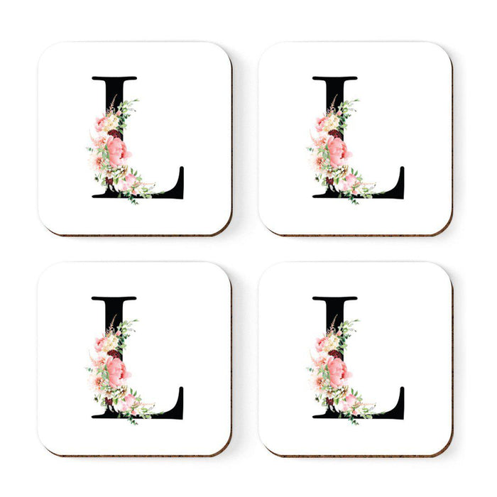 Square Coffee Drink Coasters Gift Set, Blush Floral Monogram-Set of 4-Andaz Press-L-