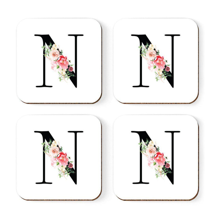 Square Coffee Drink Coasters Gift Set, Blush Floral Monogram-Set of 4-Andaz Press-N-