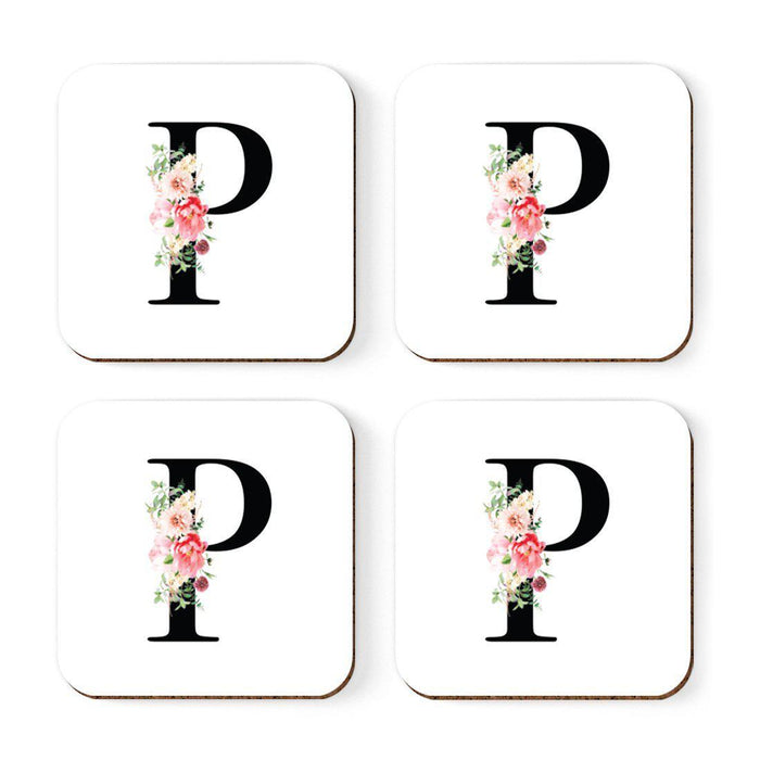 Square Coffee Drink Coasters Gift Set, Blush Floral Monogram-Set of 4-Andaz Press-P-