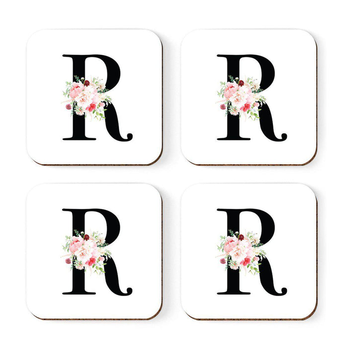 Square Coffee Drink Coasters Gift Set, Blush Floral Monogram-Set of 4-Andaz Press-R-