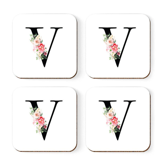 Square Coffee Drink Coasters Gift Set, Blush Floral Monogram-Set of 4-Andaz Press-V-