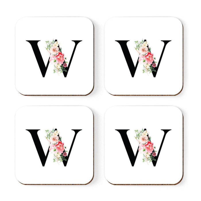 Square Coffee Drink Coasters Gift Set, Blush Floral Monogram-Set of 4-Andaz Press-W-