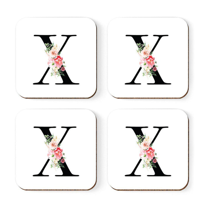 Square Coffee Drink Coasters Gift Set, Blush Floral Monogram-Set of 4-Andaz Press-X-