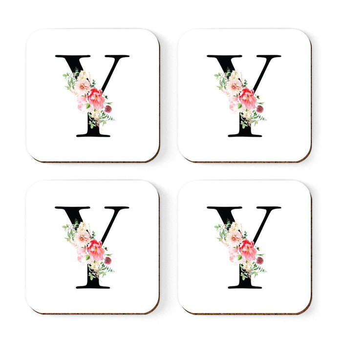 Square Coffee Drink Coasters Gift Set, Blush Floral Monogram-Set of 4-Andaz Press-Y-