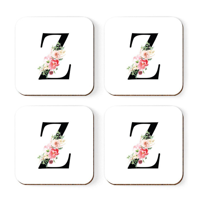Square Coffee Drink Coasters Gift Set, Blush Floral Monogram-Set of 4-Andaz Press-Z-